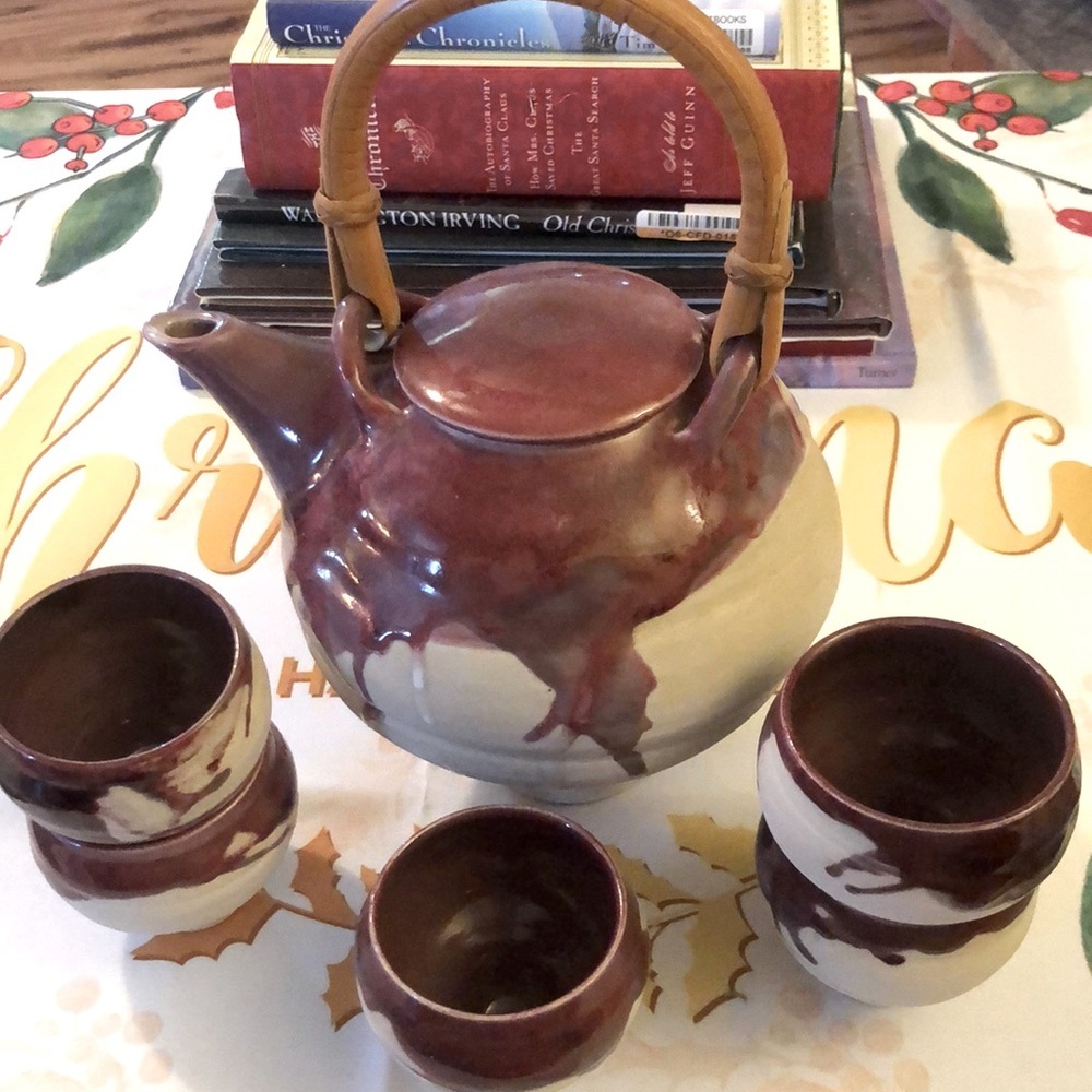 Artist signed Pottery Tea Set - Tea Pot with Bamboo Handle & 5 Teacups